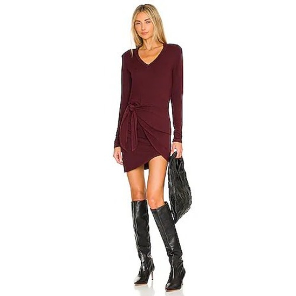 NWT Monrow Long Sleeve V-Neck Tie Front Mini Dress Burgundy Wine Size M